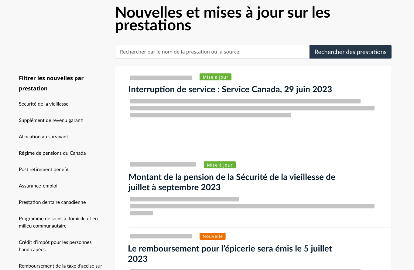 Page Nouvelles et mises à jour sur les prestations