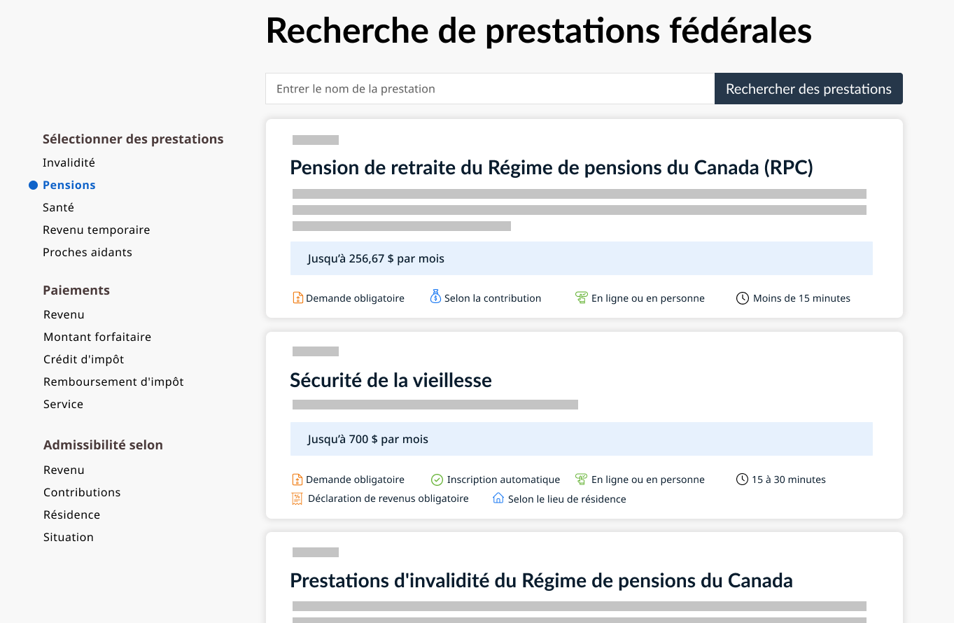 Page Recherche de prestations fédérales